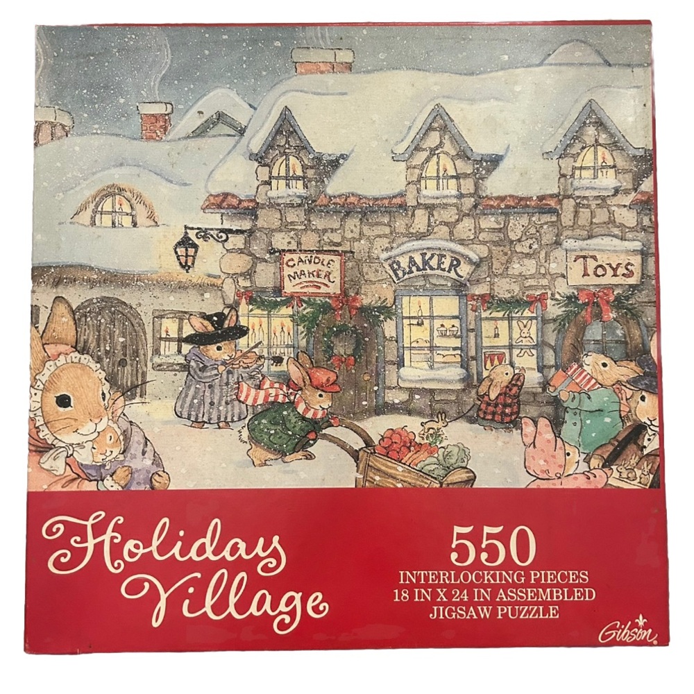 Holiday Village 550 Piece Jigsaw Puzzle Gibson Vintage Christmas Puzzle Rabbits